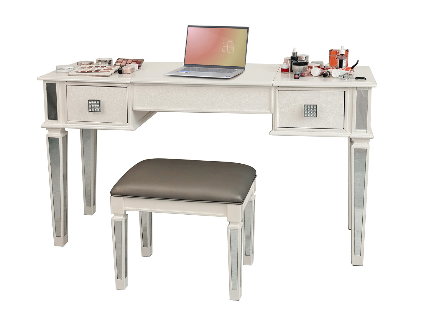 Mirrored Vanities Desk with Drawers, Bedroom Makeup Vanity Table Set with Mirror and Stool, Flip Up Dressing Table for Bedroom/Makeup Room, Working Desk for Women, Girl Furniture Combo