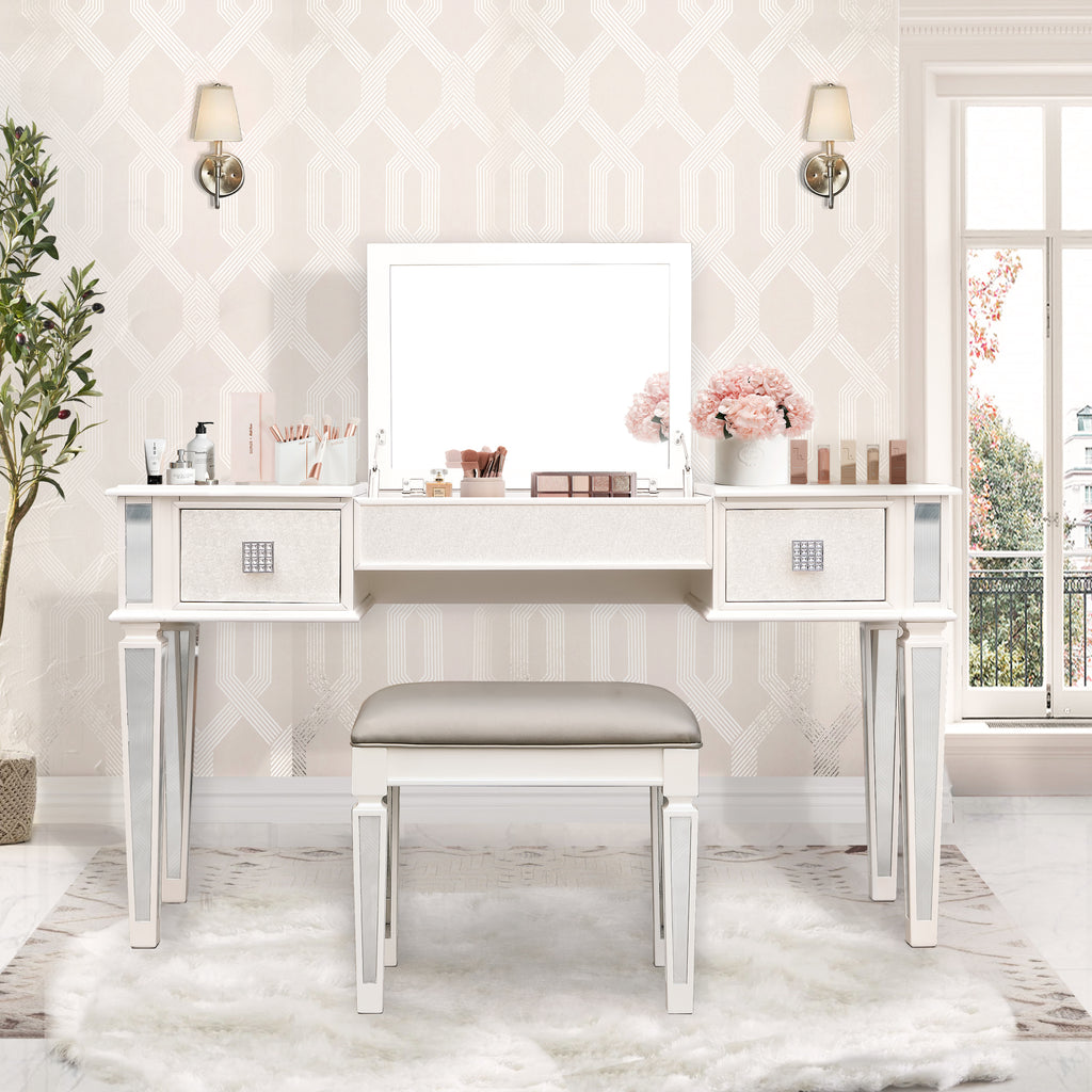 Mirrored Vanities Desk with Drawers, Bedroom Makeup Vanity Table Set with Mirror and Stool, Flip Up Dressing Table for Bedroom/Makeup Room, Working Desk for Women, Girl Furniture Combo