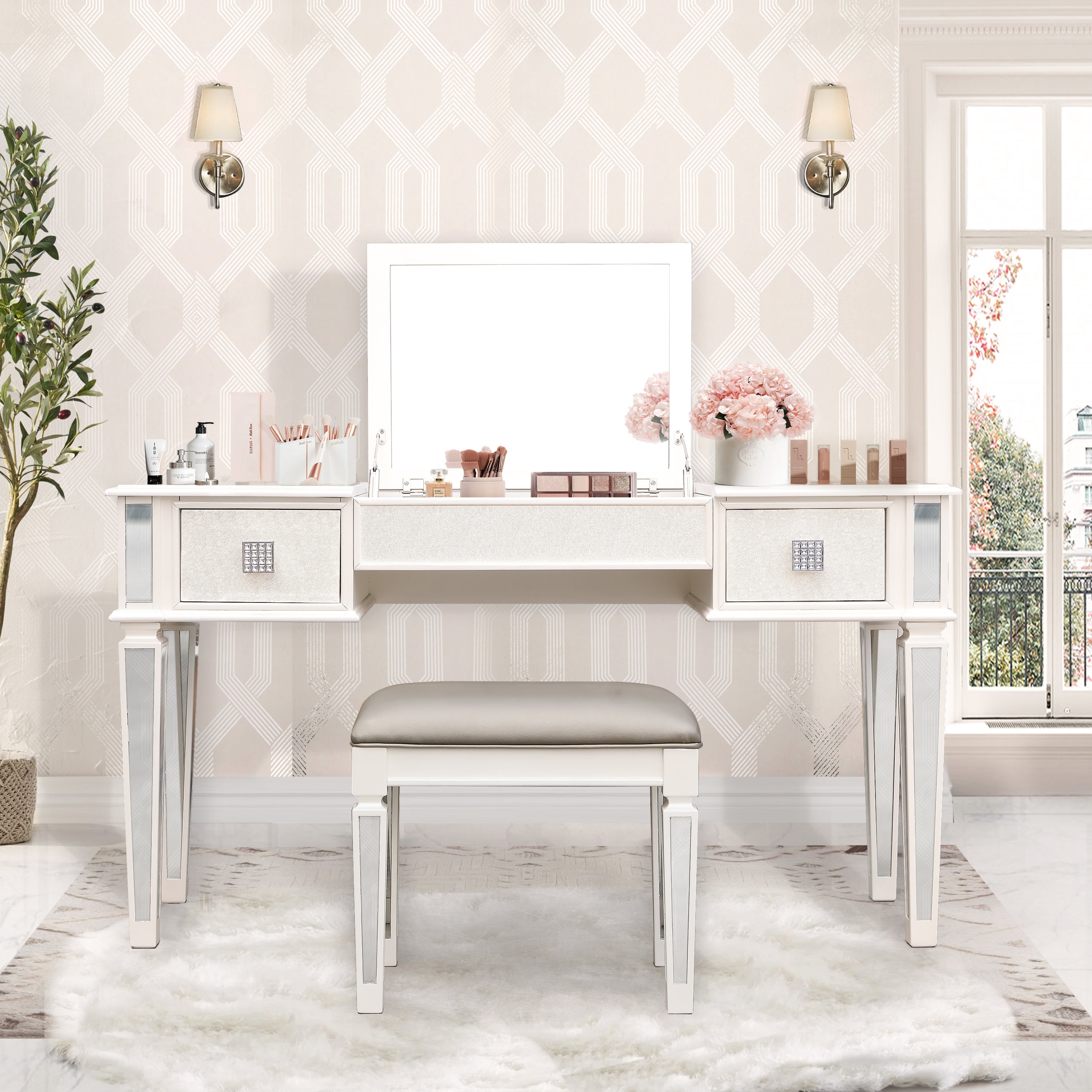 Mirrored Vanities Desk with Drawers, Bedroom Makeup Vanity Table Set with Mirror and Stool, Flip Up Dressing Table for Bedroom/Makeup Room, Working Desk for Women, Girl Furniture Combo