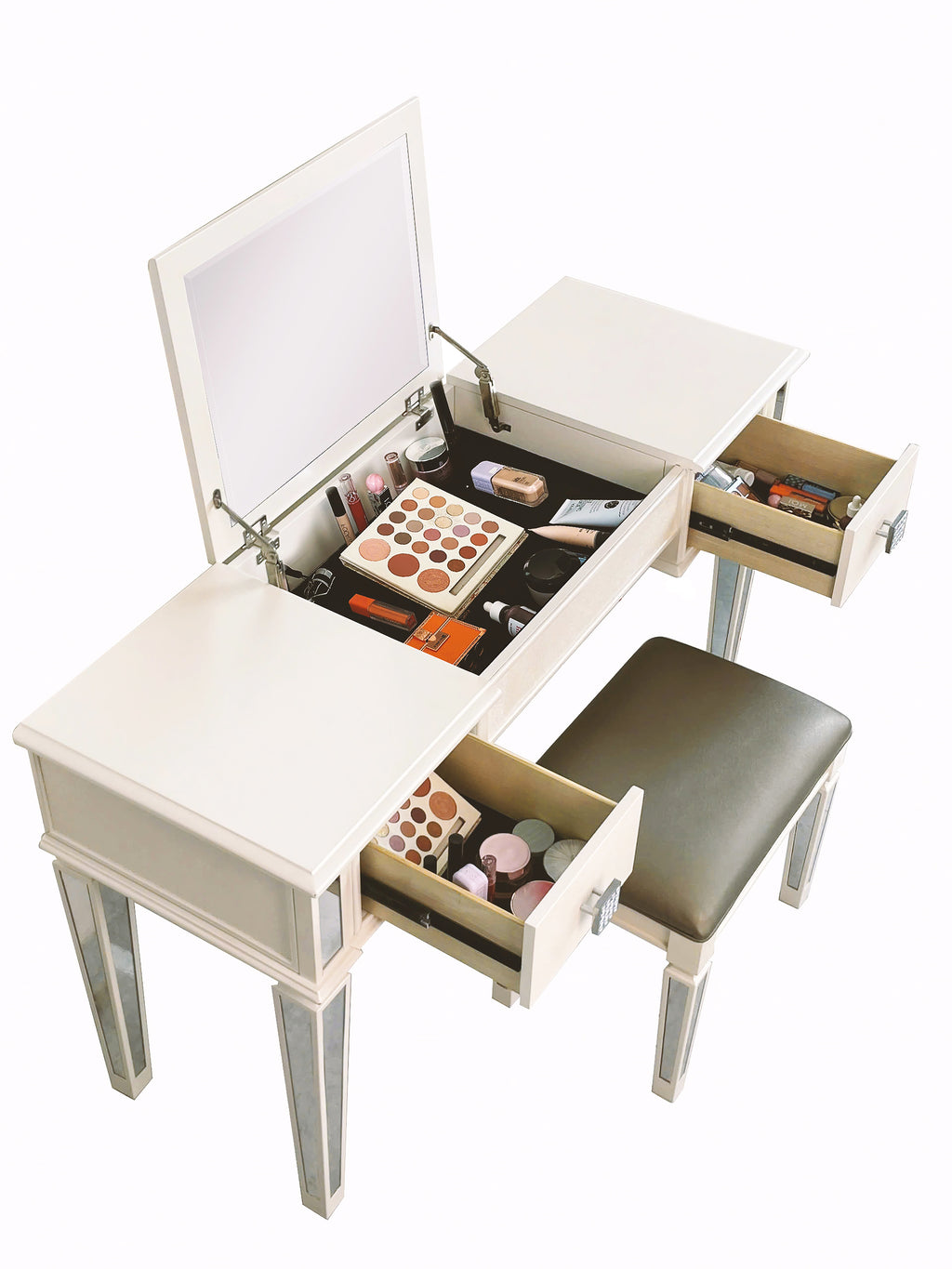 Mirrored Vanities Desk with Drawers, Bedroom Makeup Vanity Table Set with Mirror and Stool, Flip Up Dressing Table for Bedroom/Makeup Room, Working Desk for Women, Girl Furniture Combo