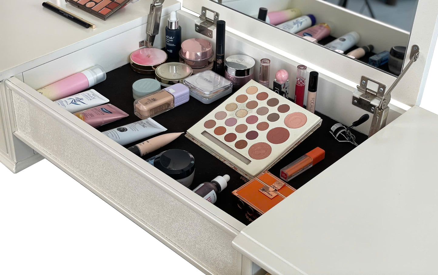 Mirrored Vanities Desk with Drawers, Bedroom Makeup Vanity Table Set with Mirror and Stool, Flip Up Dressing Table for Bedroom/Makeup Room, Working Desk for Women, Girl Furniture Combo