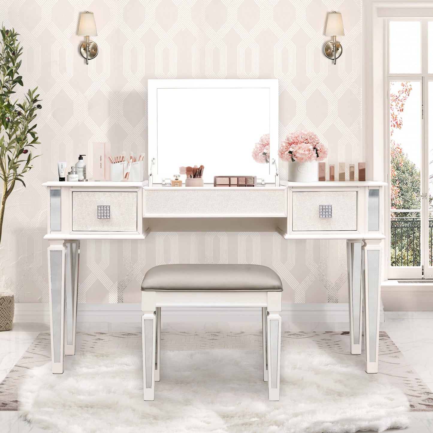 Mirrored Vanities Desk with Drawers, Bedroom Makeup Vanity Table Set with Mirror and Stool, Flip Up Dressing Table for Bedroom/Makeup Room, Working Desk for Women, Girl Furniture Combo