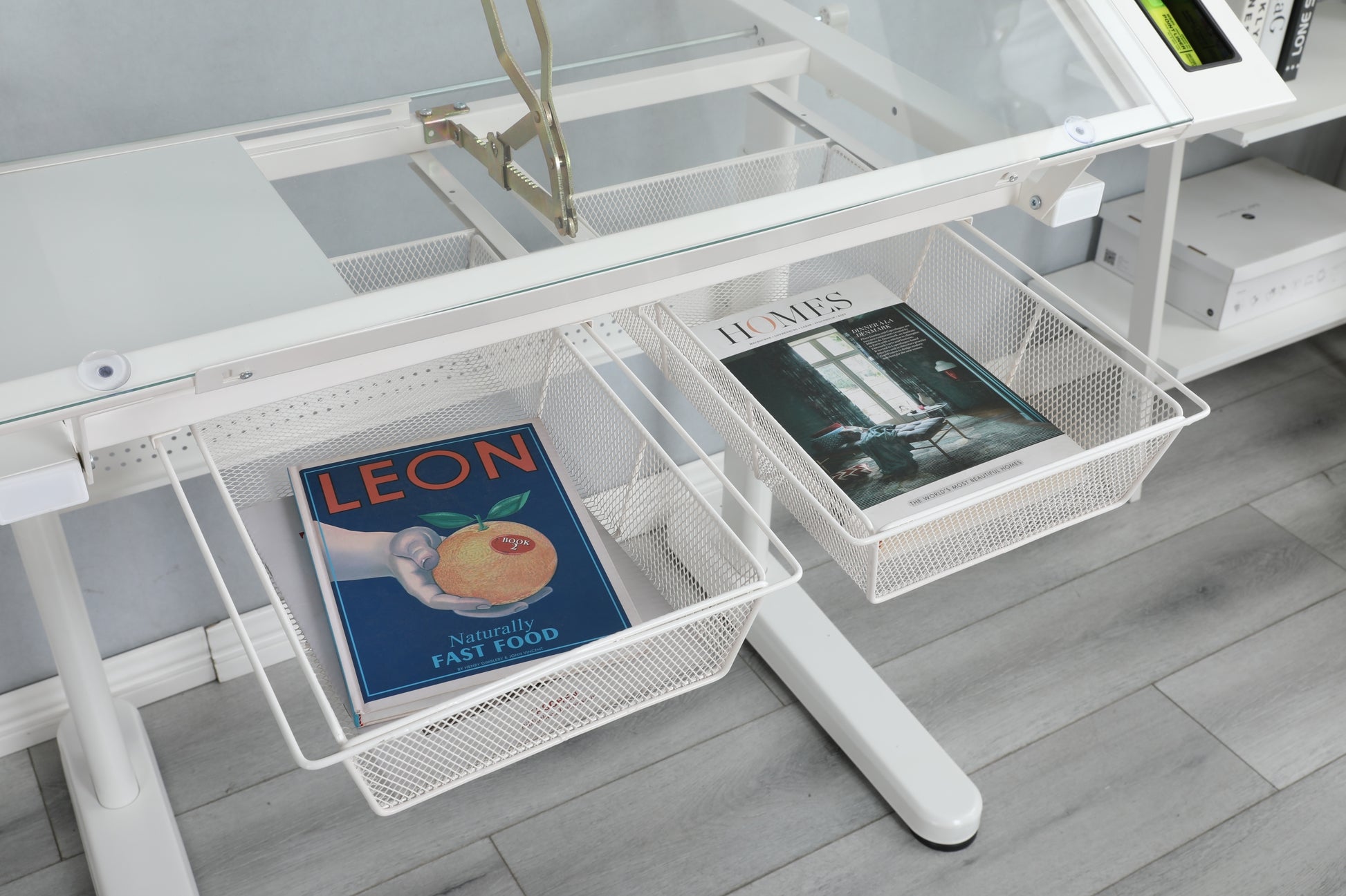 hand crank adjustable drafting table drawing desk with 2 metal drawers (white)WITH STOOL