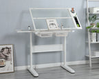 hand crank adjustable drafting table drawing desk with 2 metal drawers (white)WITH STOOL