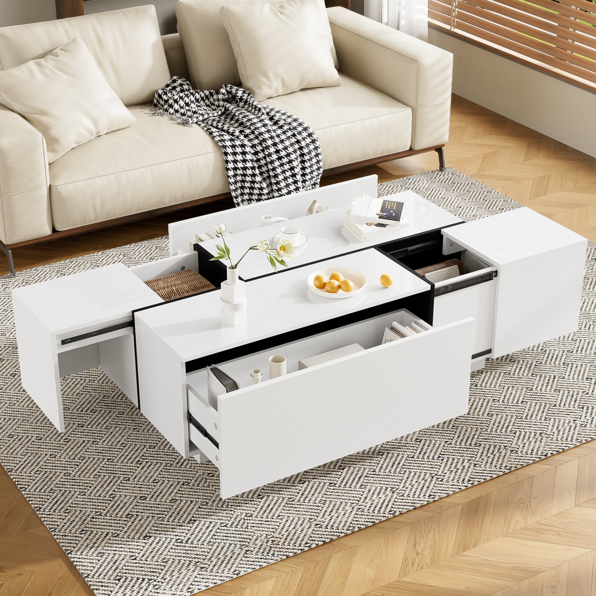 U-Can 47.2''-72.7'' Extendable Coffee Table, Multi-Functional Coffee Table with High-Gloss Finish, Coffee Table with 2 Hidden Storage Space and 2 Drawers for Living Room
