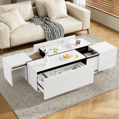 U-Can 47.2''-72.7'' Extendable Coffee Table, Multi-Functional Coffee Table with High-Gloss Finish, Coffee Table with 2 Hidden Storage Space and 2 Drawers for Living Room