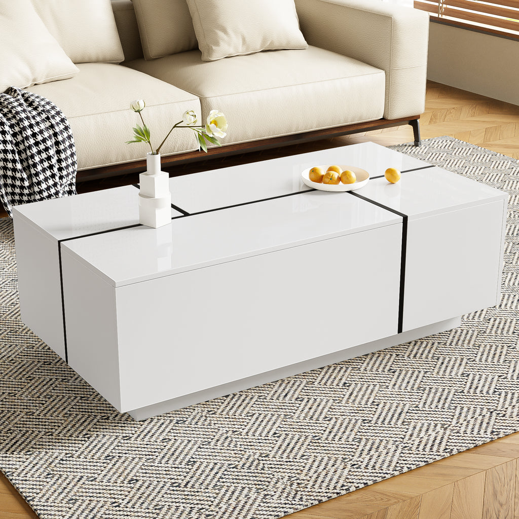 U-Can 47.2''-72.7'' Extendable Coffee Table, Multi-Functional Coffee Table with High-Gloss Finish, Coffee Table with 2 Hidden Storage Space and 2 Drawers for Living Room