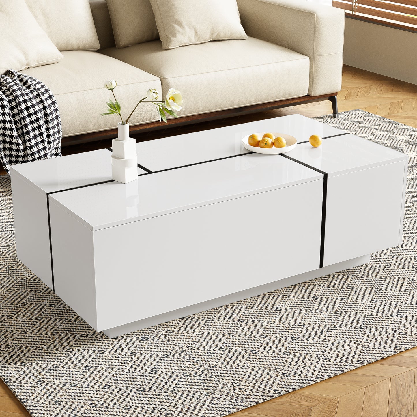 U-Can 47.2''-72.7'' Extendable Coffee Table, Multi-Functional Coffee Table with High-Gloss Finish, Coffee Table with 2 Hidden Storage Space and 2 Drawers for Living Room