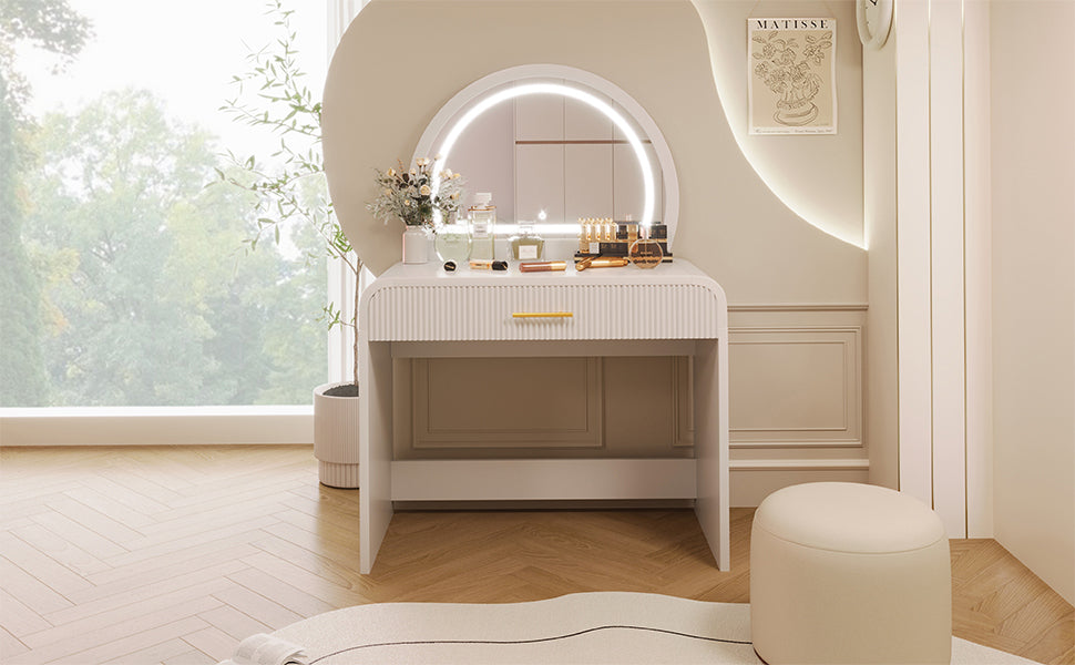 39 Makeup Vanity Table with Mirror Touch Screen Lighted Mirror, Dressing Table with Drawer for Bedroom, White
