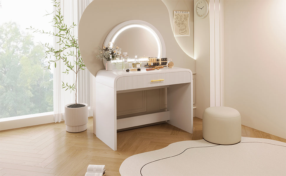 39 Makeup Vanity Table with Mirror Touch Screen Lighted Mirror, Dressing Table with Drawer for Bedroom, White