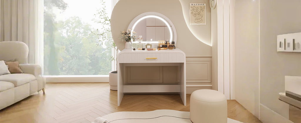 39 Makeup Vanity Table with Mirror Touch Screen Lighted Mirror, Dressing Table with Drawer for Bedroom, White