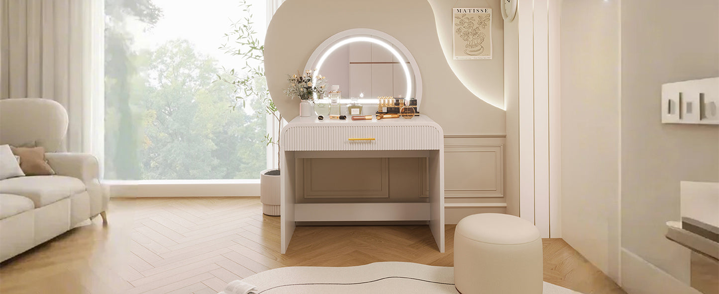 39 Makeup Vanity Table with Mirror Touch Screen Lighted Mirror, Dressing Table with Drawer for Bedroom, White