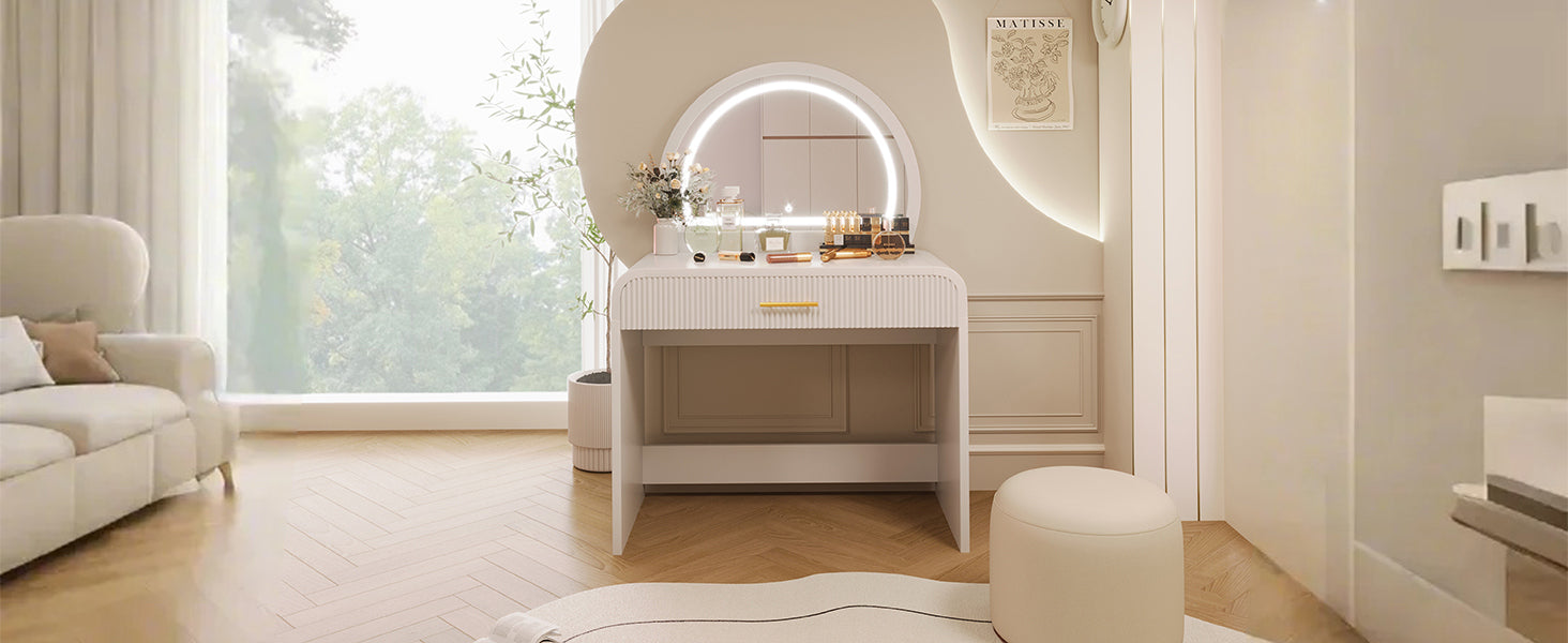 39 Makeup Vanity Table with Mirror Touch Screen Lighted Mirror, Dressing Table with Drawer for Bedroom, White