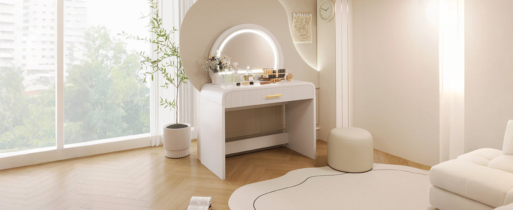 39 Makeup Vanity Table with Mirror Touch Screen Lighted Mirror, Dressing Table with Drawer for Bedroom, White