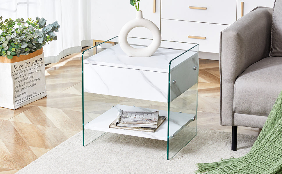 Bedside table with drawers. The board surface is MDF sticker, and both sides are transparent tempered glass. The design is simple and elegant, with excellent storage functions.