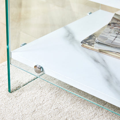 Bedside table with drawers. The board surface is MDF sticker, and both sides are transparent tempered glass. The design is simple and elegant, with excellent storage functions.