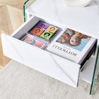 Bedside table with drawers. The board surface is MDF sticker, and both sides are transparent tempered glass. The design is simple and elegant, with excellent storage functions.