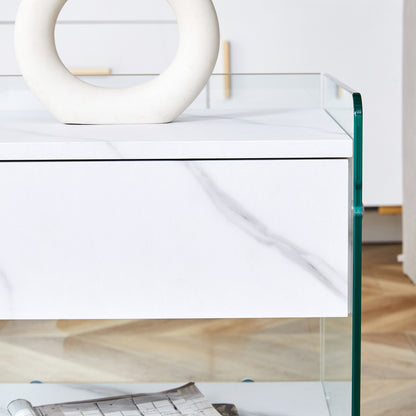 Bedside table with drawers. The board surface is MDF sticker, and both sides are transparent tempered glass. The design is simple and elegant, with excellent storage functions.