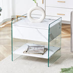 Bedside table with drawers. The board surface is MDF sticker, and both sides are transparent tempered glass. The design is simple and elegant, with excellent storage functions.