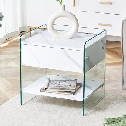 Bedside table with drawers. The board surface is MDF sticker, and both sides are transparent tempered glass. The design is simple and elegant, with excellent storage functions.