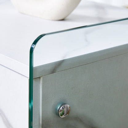 Bedside table with drawers. The board surface is MDF sticker, and both sides are transparent tempered glass. The design is simple and elegant, with excellent storage functions.