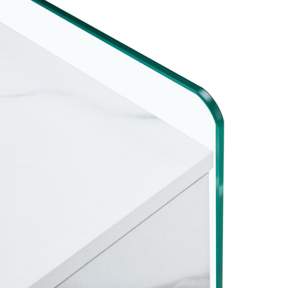 Bedside table with drawers. The board surface is MDF sticker, and both sides are transparent tempered glass. The design is simple and elegant, with excellent storage functions.