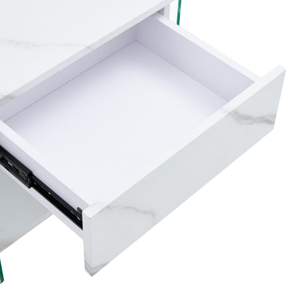 Bedside table with drawers. The board surface is MDF sticker, and both sides are transparent tempered glass. The design is simple and elegant, with excellent storage functions.