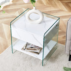Bedside table with drawers. The board surface is MDF sticker, and both sides are transparent tempered glass. The design is simple and elegant, with excellent storage functions.