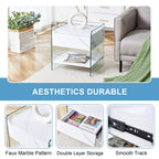 Bedside table with drawers. The board surface is MDF sticker, and both sides are transparent tempered glass. The design is simple and elegant, with excellent storage functions.
