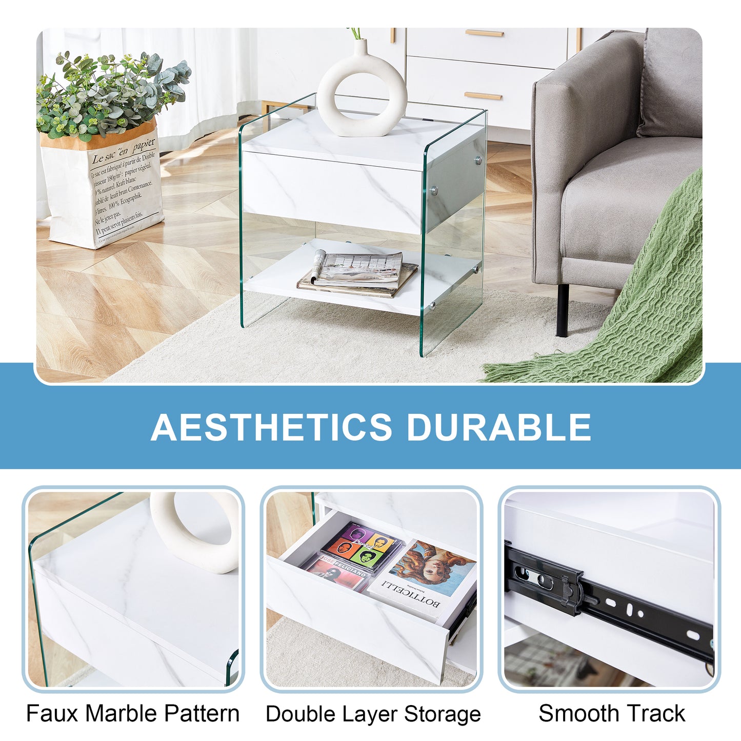 Bedside table with drawers. The board surface is MDF sticker, and both sides are transparent tempered glass. The design is simple and elegant, with excellent storage functions.