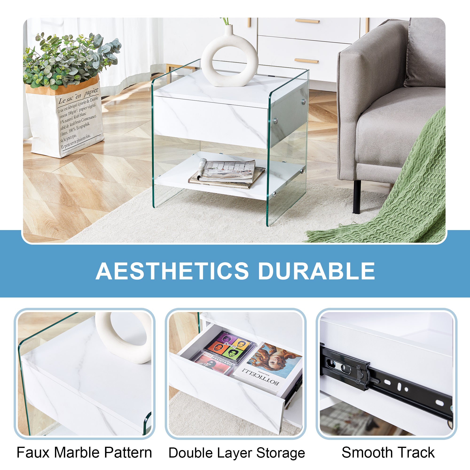 Bedside table with drawers. The board surface is MDF sticker, and both sides are transparent tempered glass. The design is simple and elegant, with excellent storage functions.