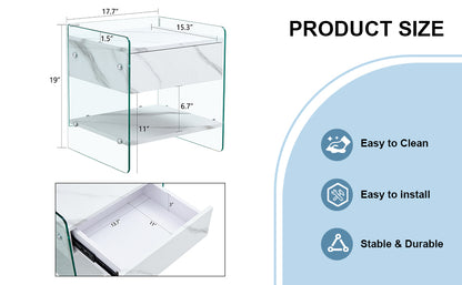 Bedside table with drawers. The board surface is MDF sticker, and both sides are transparent tempered glass. The design is simple and elegant, with excellent storage functions.