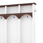 Farmhouse Wooden Style Hall Tree with Arched Design, Practical Entryway Walnut Storage Bench with 5 Black Hooks, Minimalist 4-in-1 Hallway Shoe Cabinet with 7 Cubbies for Mudroom, Living Room, White