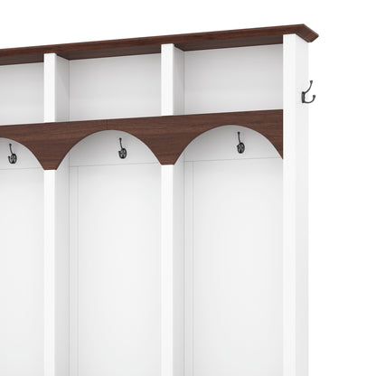 Farmhouse Wooden Style Hall Tree with Arched Design, Practical Entryway Walnut Storage Bench with 5 Black Hooks, Minimalist 4-in-1 Hallway Shoe Cabinet with 7 Cubbies for Mudroom, Living Room, White