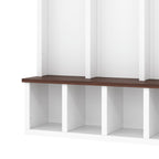 Farmhouse Wooden Style Hall Tree with Arched Design, Practical Entryway Walnut Storage Bench with 5 Black Hooks, Minimalist 4-in-1 Hallway Shoe Cabinet with 7 Cubbies for Mudroom, Living Room, White