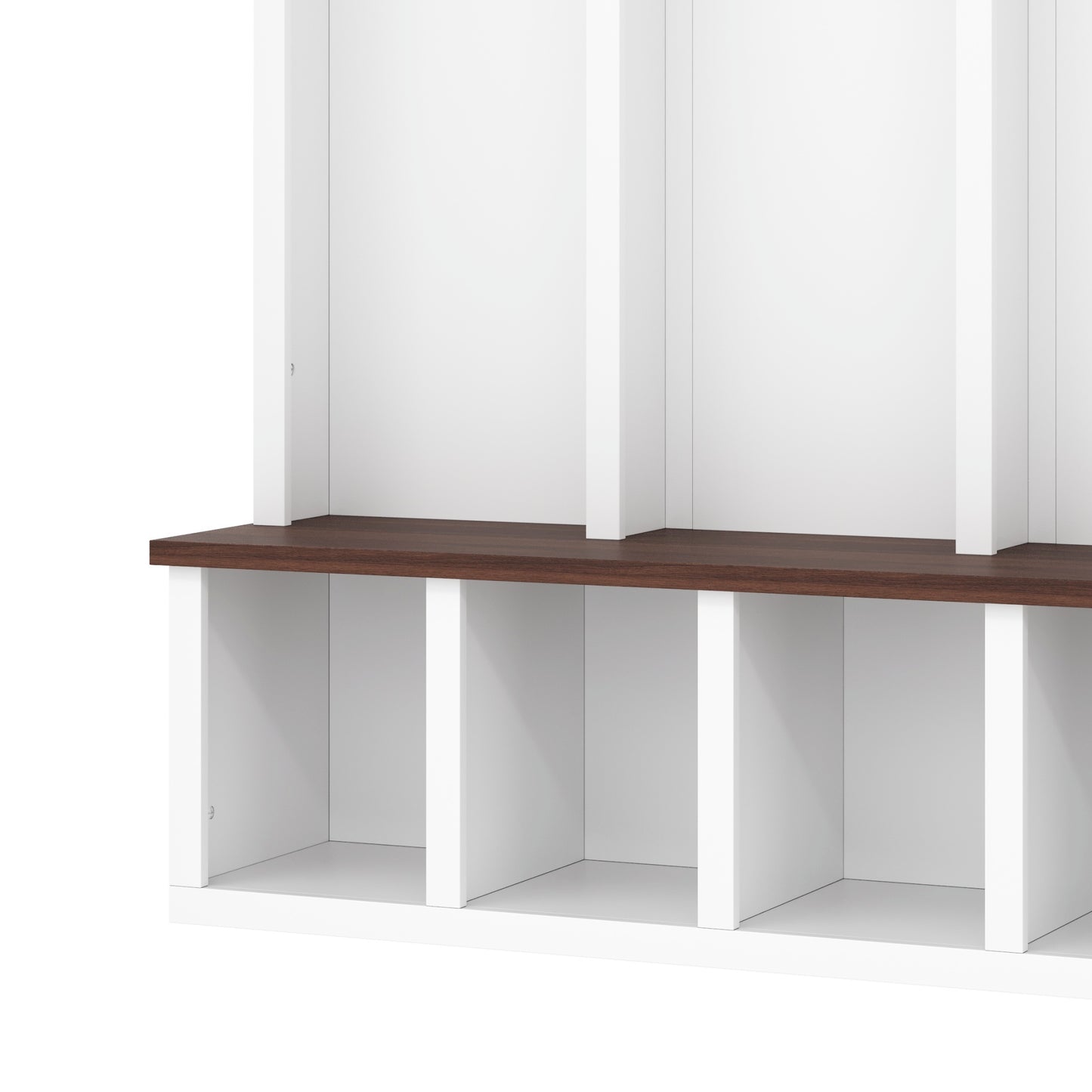 Farmhouse Wooden Style Hall Tree with Arched Design, Practical Entryway Walnut Storage Bench with 5 Black Hooks, Minimalist 4-in-1 Hallway Shoe Cabinet with 7 Cubbies for Mudroom, Living Room, White