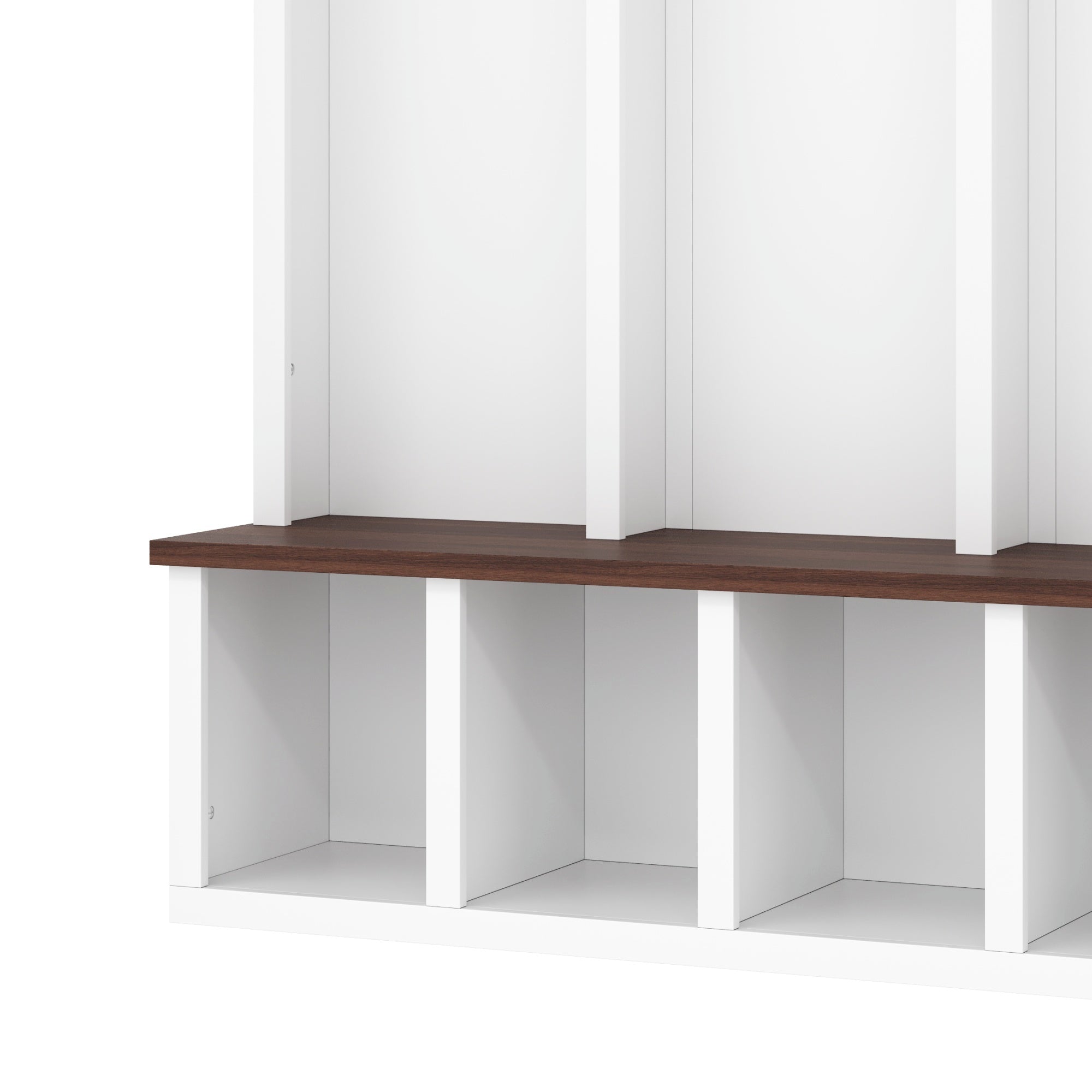 Farmhouse Wooden Style Hall Tree with Arched Design, Practical Entryway Walnut Storage Bench with 5 Black Hooks, Minimalist 4-in-1 Hallway Shoe Cabinet with 7 Cubbies for Mudroom, Living Room, White