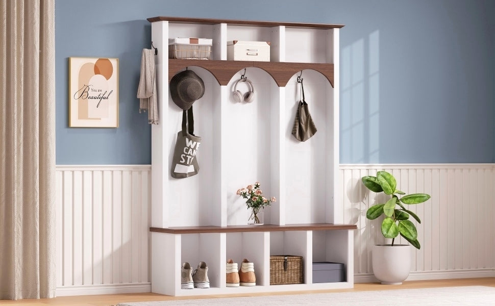 Farmhouse Wooden Style Hall Tree with Arched Design, Practical Entryway Walnut Storage Bench with 5 Black Hooks, Minimalist 4-in-1 Hallway Shoe Cabinet with 7 Cubbies for Mudroom, Living Room, White