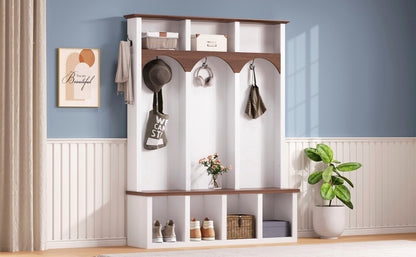 Farmhouse Wooden Style Hall Tree with Arched Design, Practical Entryway Walnut Storage Bench with 5 Black Hooks, Minimalist 4-in-1 Hallway Shoe Cabinet with 7 Cubbies for Mudroom, Living Room, White