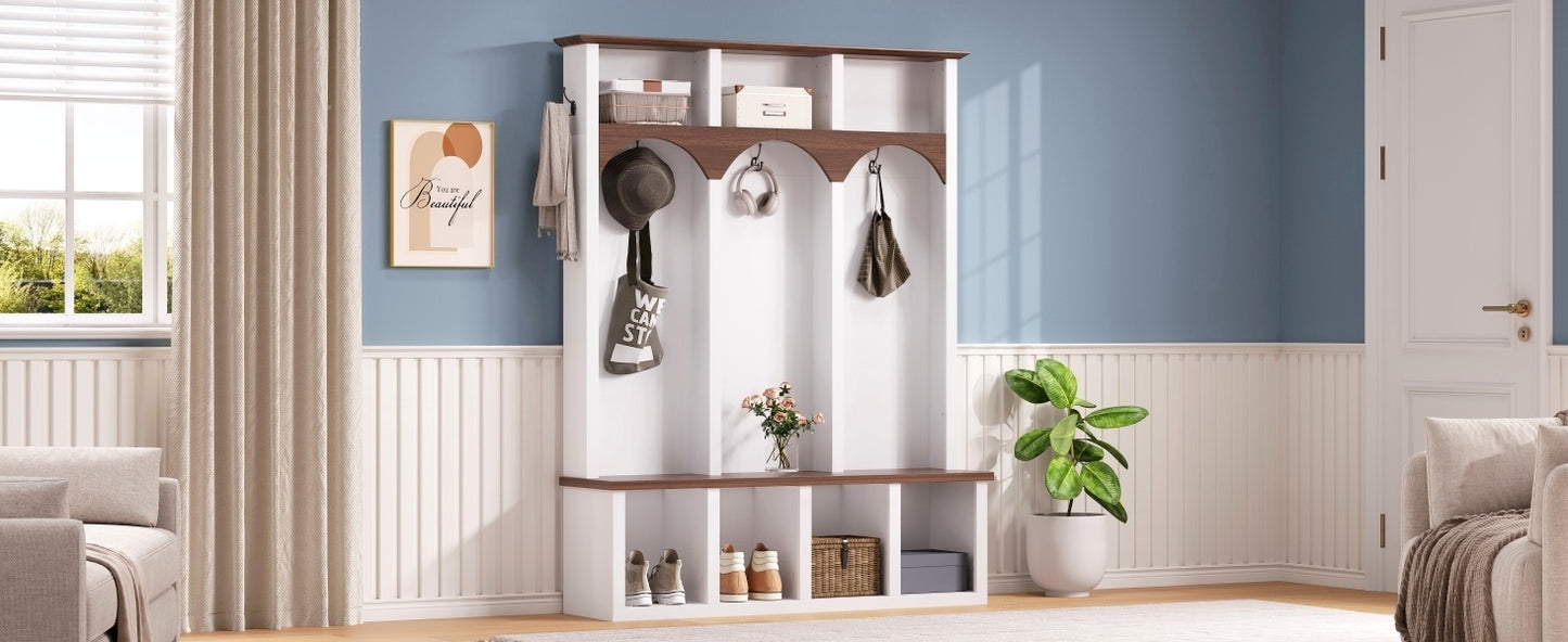 Farmhouse Wooden Style Hall Tree with Arched Design, Practical Entryway Walnut Storage Bench with 5 Black Hooks, Minimalist 4-in-1 Hallway Shoe Cabinet with 7 Cubbies for Mudroom, Living Room, White