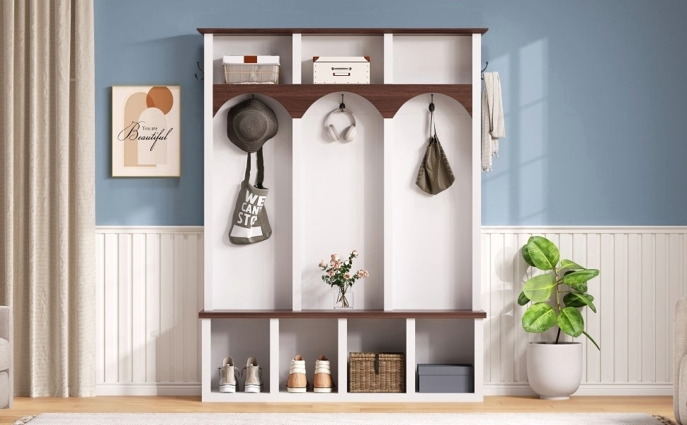 Farmhouse Wooden Style Hall Tree with Arched Design, Practical Entryway Walnut Storage Bench with 5 Black Hooks, Minimalist 4-in-1 Hallway Shoe Cabinet with 7 Cubbies for Mudroom, Living Room, White