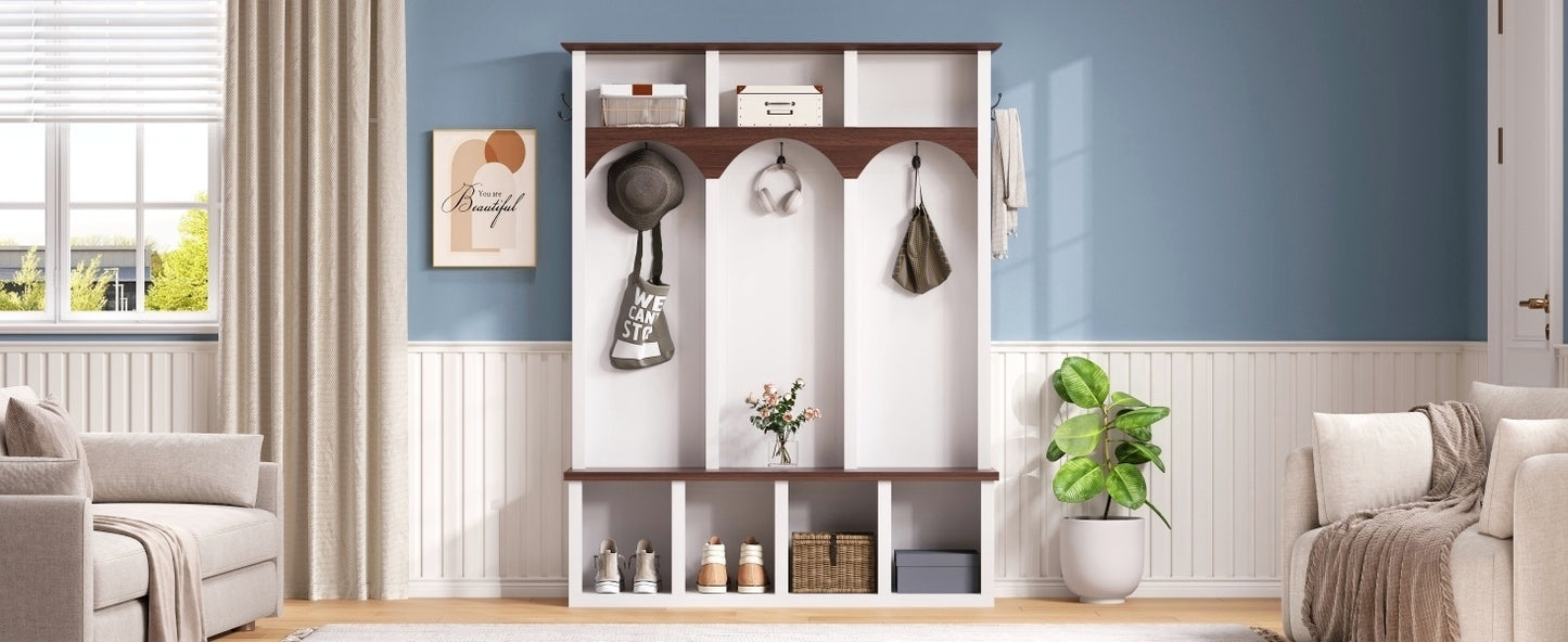 Farmhouse Wooden Style Hall Tree with Arched Design, Practical Entryway Walnut Storage Bench with 5 Black Hooks, Minimalist 4-in-1 Hallway Shoe Cabinet with 7 Cubbies for Mudroom, Living Room, White