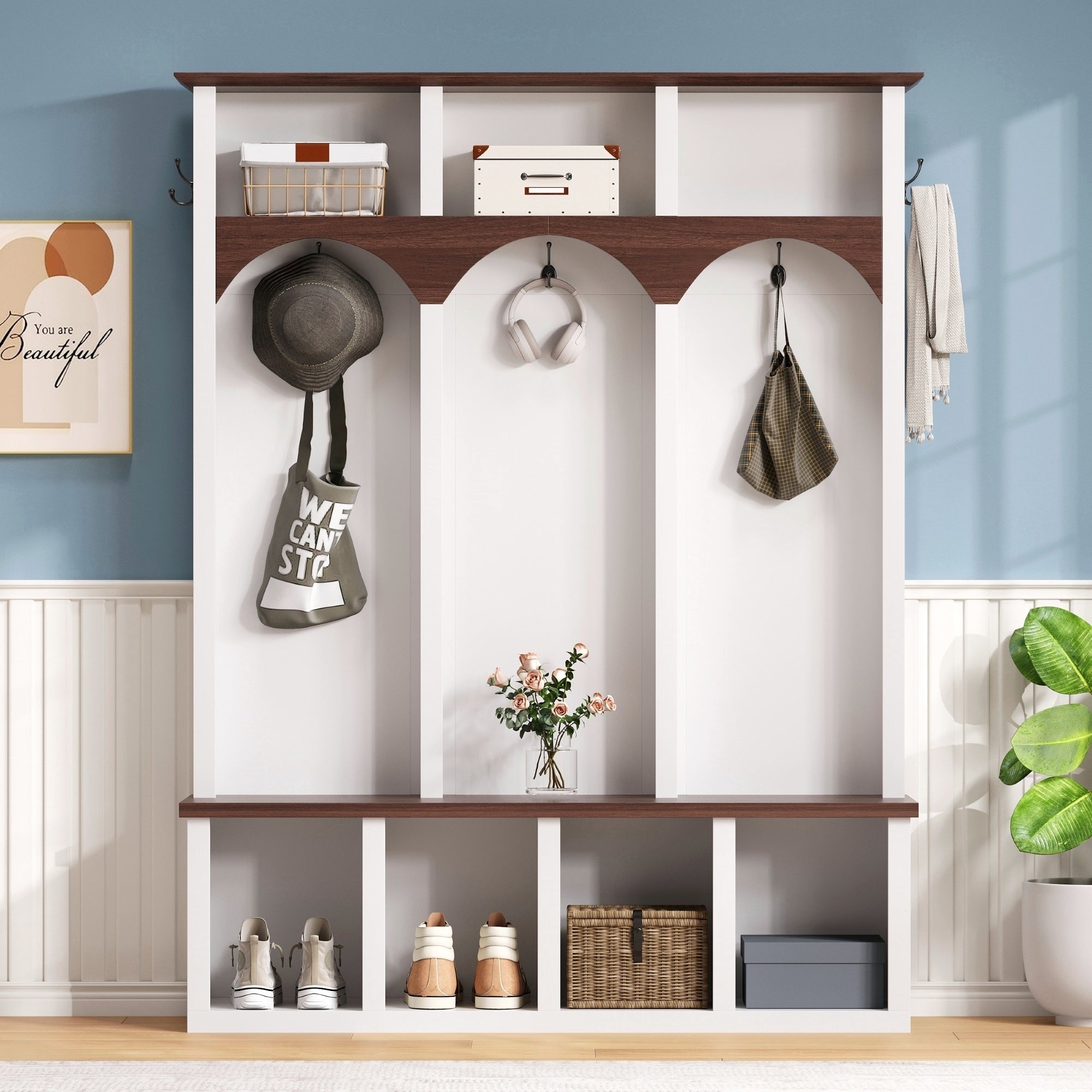 Farmhouse Wooden Style Hall Tree with Arched Design, Practical Entryway Walnut Storage Bench with 5 Black Hooks, Minimalist 4-in-1 Hallway Shoe Cabinet with 7 Cubbies for Mudroom, Living Room, White