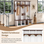 Farmhouse Wooden Style Hall Tree with Arched Design, Practical Entryway Walnut Storage Bench with 5 Black Hooks, Minimalist 4-in-1 Hallway Shoe Cabinet with 7 Cubbies for Mudroom, Living Room, White