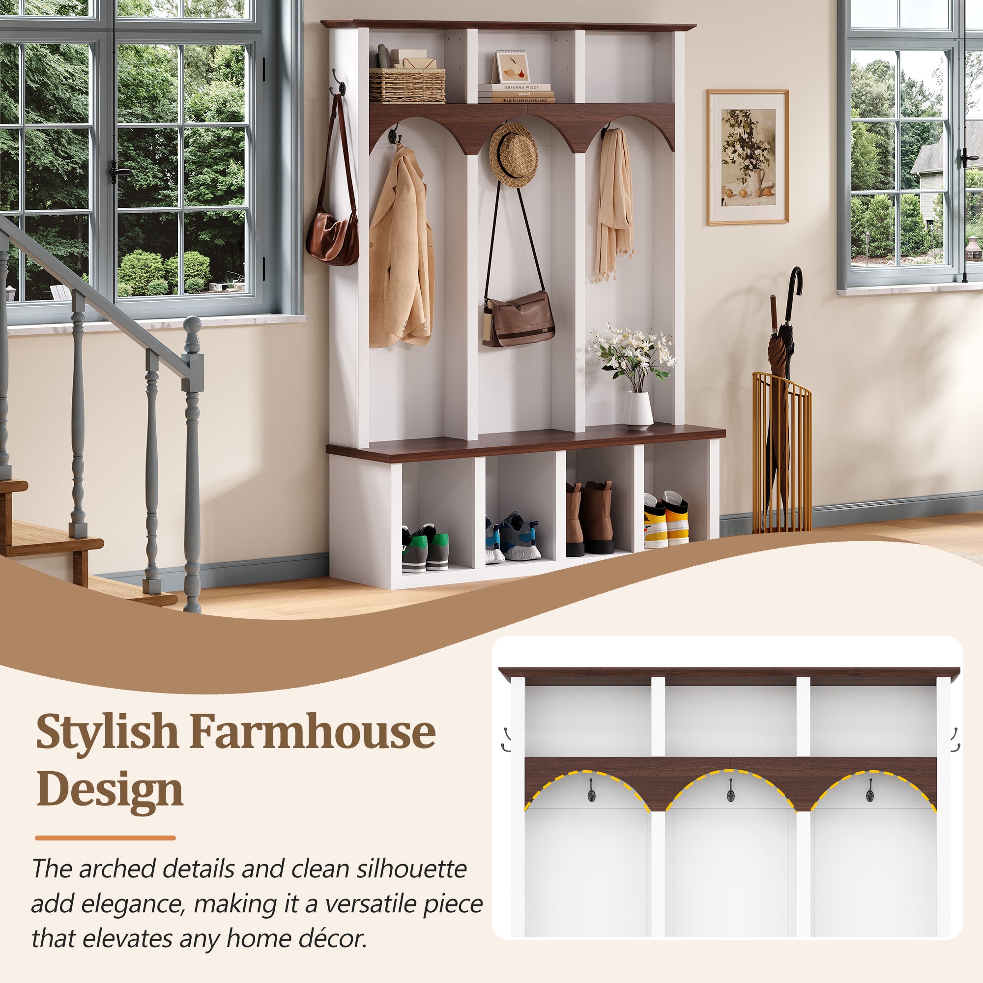 Farmhouse Wooden Style Hall Tree with Arched Design, Practical Entryway Walnut Storage Bench with 5 Black Hooks, Minimalist 4-in-1 Hallway Shoe Cabinet with 7 Cubbies for Mudroom, Living Room, White