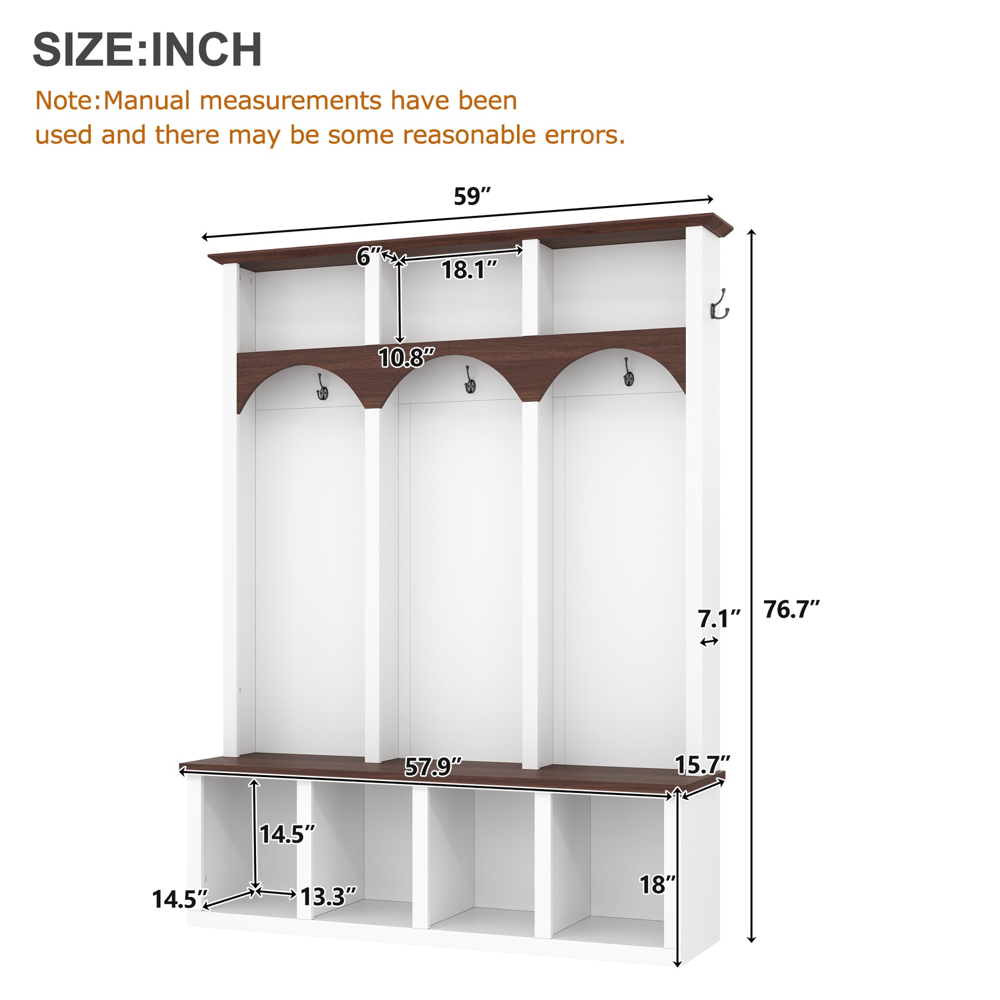 Farmhouse Wooden Style Hall Tree with Arched Design, Practical Entryway Walnut Storage Bench with 5 Black Hooks, Minimalist 4-in-1 Hallway Shoe Cabinet with 7 Cubbies for Mudroom, Living Room, White