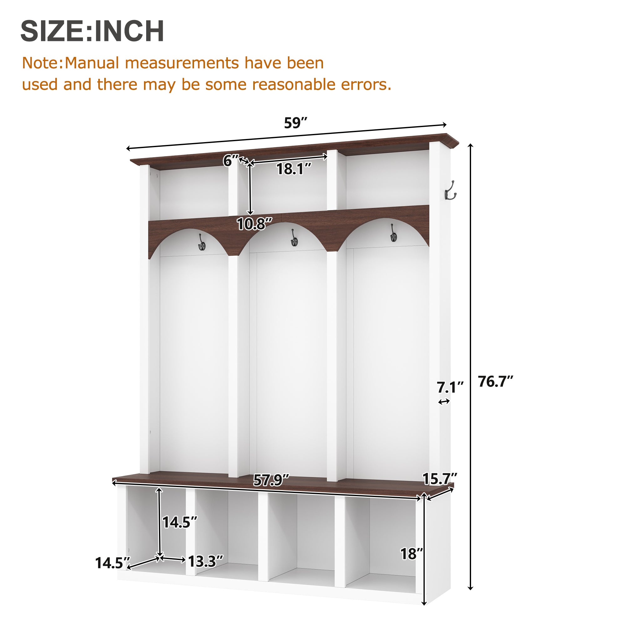 Farmhouse Wooden Style Hall Tree with Arched Design, Practical Entryway Walnut Storage Bench with 5 Black Hooks, Minimalist 4-in-1 Hallway Shoe Cabinet with 7 Cubbies for Mudroom, Living Room, White