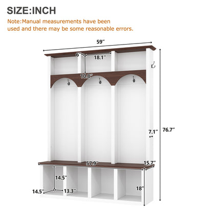 Farmhouse Wooden Style Hall Tree with Arched Design, Practical Entryway Walnut Storage Bench with 5 Black Hooks, Minimalist 4-in-1 Hallway Shoe Cabinet with 7 Cubbies for Mudroom, Living Room, White