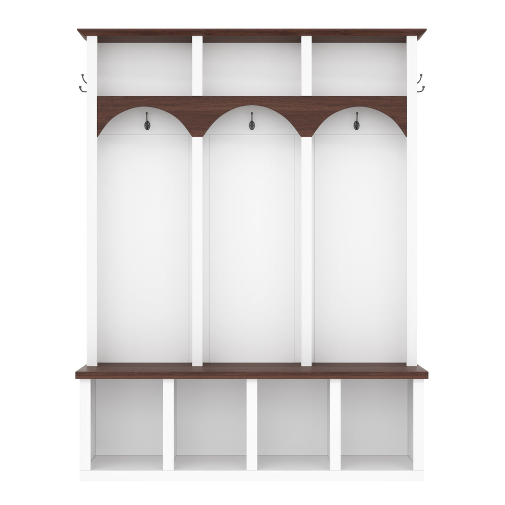 Farmhouse Wooden Style Hall Tree with Arched Design, Practical Entryway Walnut Storage Bench with 5 Black Hooks, Minimalist 4-in-1 Hallway Shoe Cabinet with 7 Cubbies for Mudroom, Living Room, White