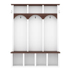 Farmhouse Wooden Style Hall Tree with Arched Design, Practical Entryway Walnut Storage Bench with 5 Black Hooks, Minimalist 4-in-1 Hallway Shoe Cabinet with 7 Cubbies for Mudroom, Living Room, White